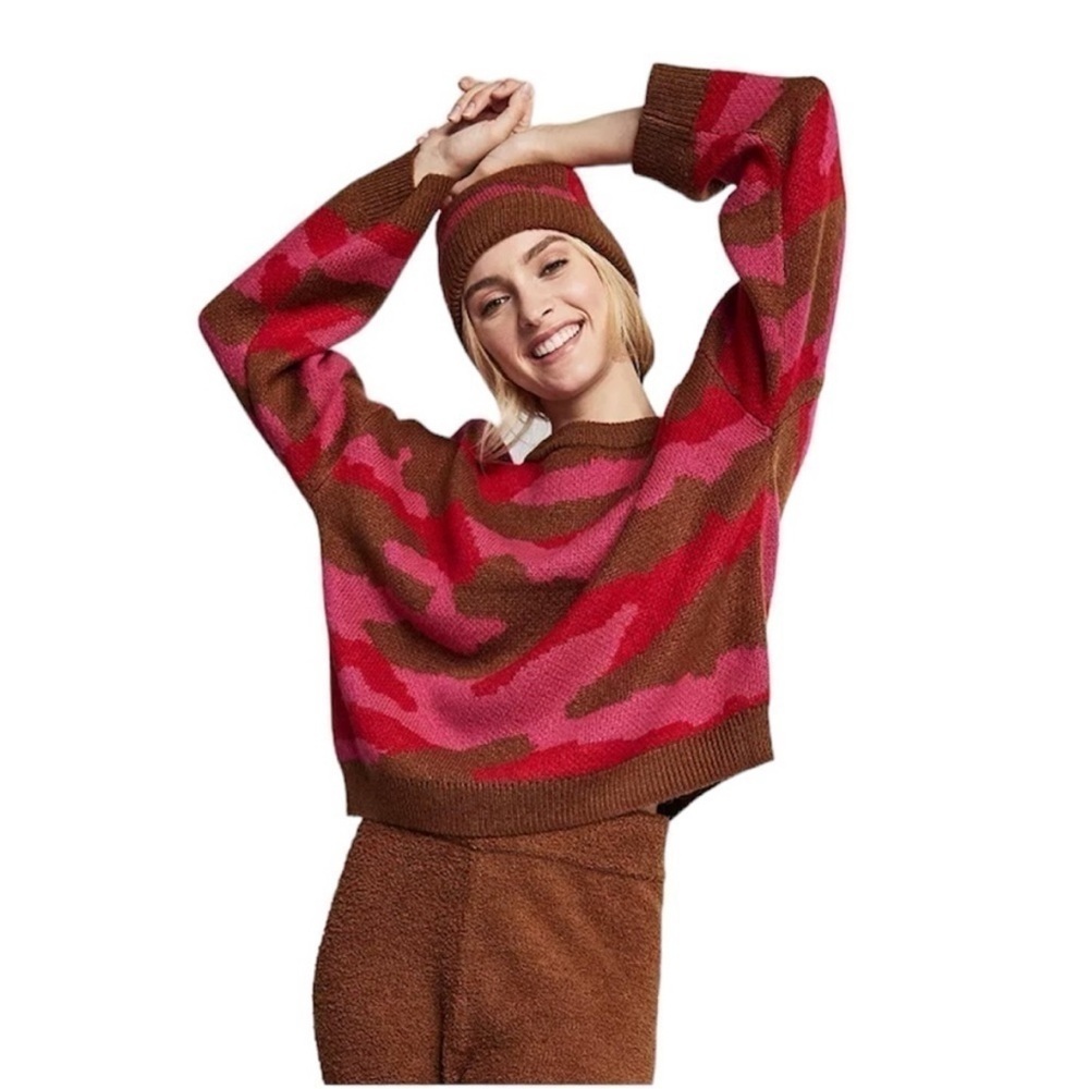 Yummy Sweater Co Size Medium Easy Crewneck Pink and Brown Camouflage Sweater.